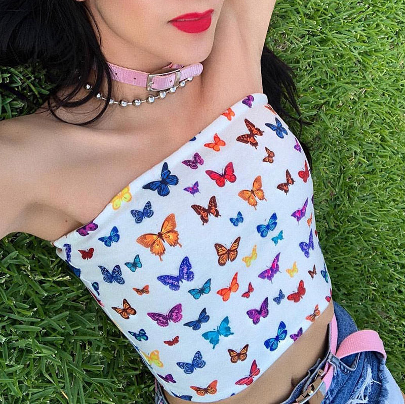 Off-Shoulder Butterfly Print Crop Top Tank Top