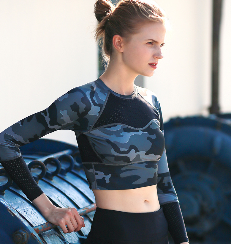 Running Training Outfit, Camouflage Yoga Top, Crop Mesh Top