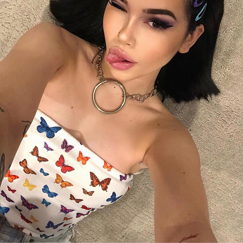 Off-Shoulder Butterfly Print Crop Top Tank Top
