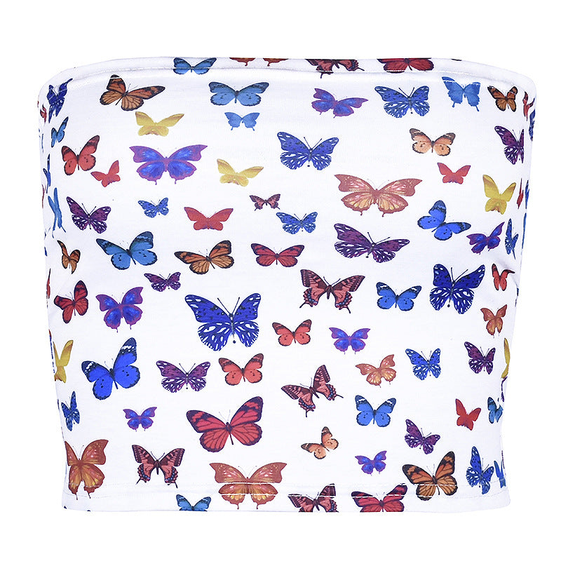 Off-Shoulder Butterfly Print Crop Top Tank Top